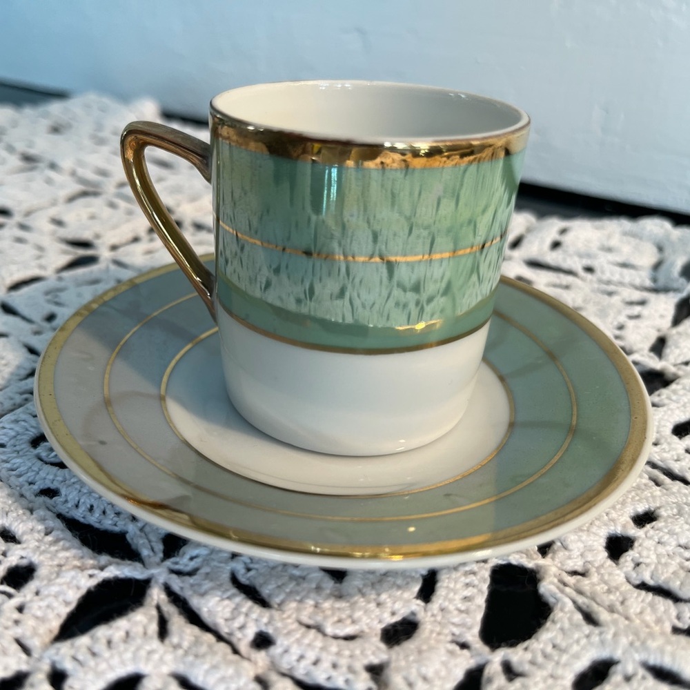 Vintage Gilded Demitasse Cup & Saucer Set - Green With Hand Painted Gold, Japan
